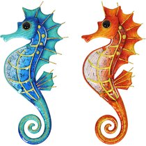 Metal With Glass Seahorse Family Wall Decor Sculpture for Home Garden Set of 3