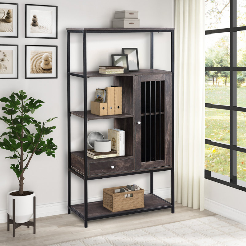 17 Stories Industrial Style 5 Tier Bookcase Multifunctional Bookshelf With 5 Display Shelves Drawer And Cabinet For Home Office Furniture Wayfair Ca