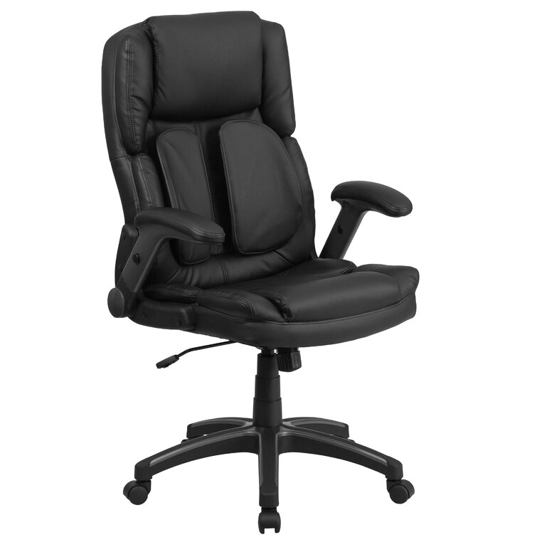 Commercial Ergonomic High-Back Leather Executive Chair with Flip-Up Arms and Lumbar Support Black