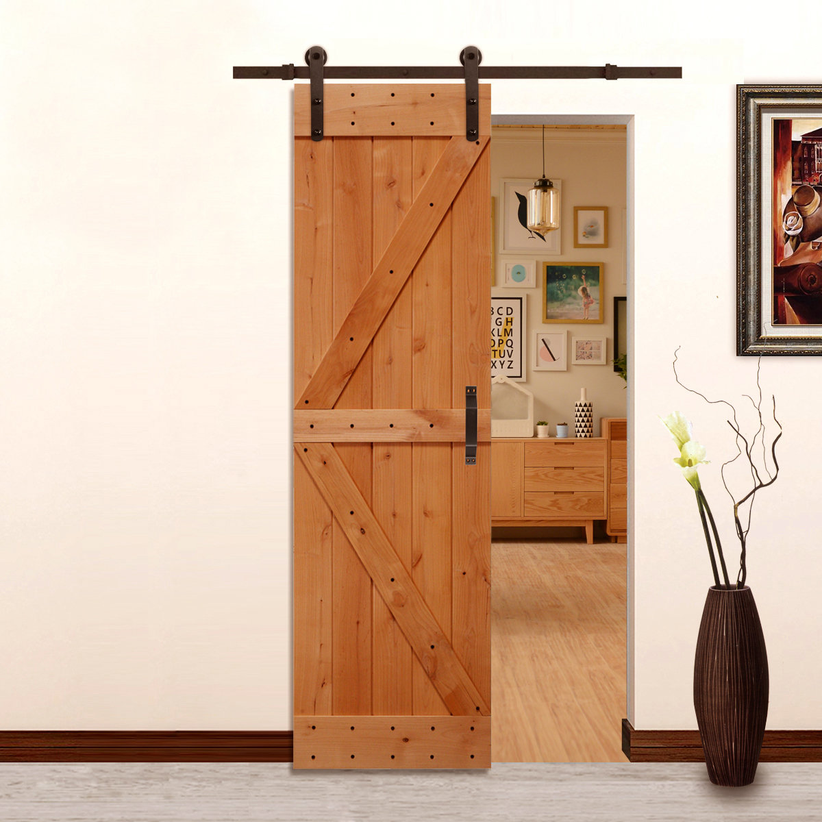 Lubann Paneled Metal Wood Finish Barn Door With Installation Hardware Kit Wayfair