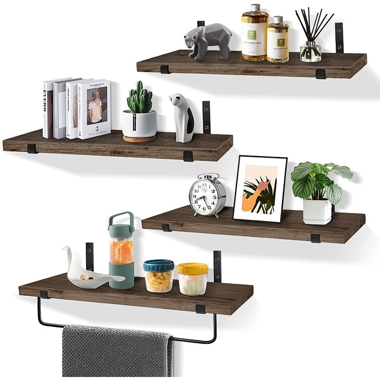 Floating Shelves Wall Mounted Set of 4 Living Room Bathroom Kitchen and in the Office Natural Rustic Wood Design Wall Storage Industrial Decor Shelving for Bedroom