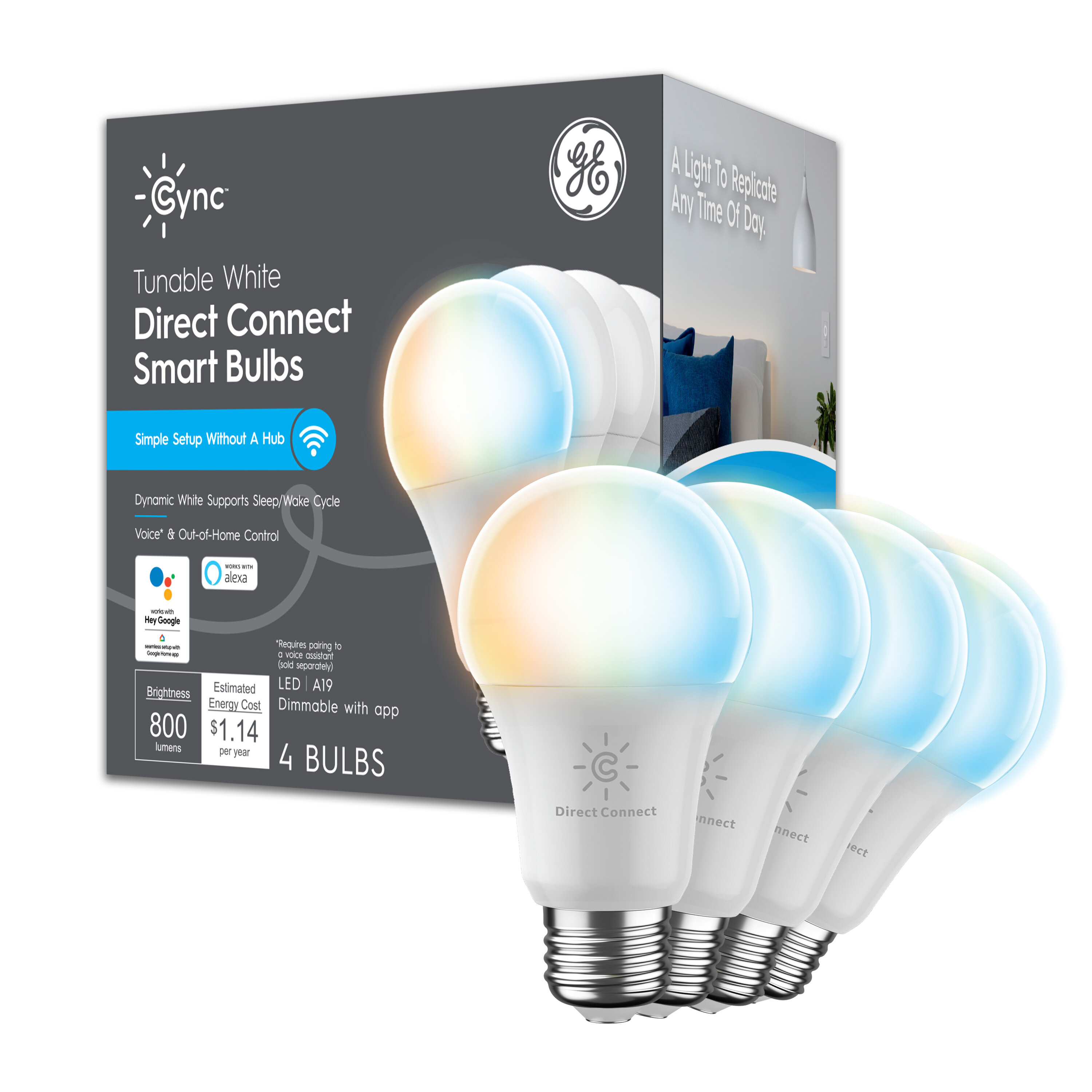 4 A19 Smart LED Light Bulbs 60W White C by GE Soft Direct Connect Light Bulbs 