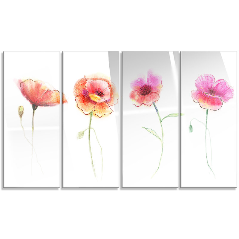 Designart Watercolor Poppy Flowers Sketch 4 Piece Painting Print Watercolor Poppy Flowers Sketch 4 Piece Painting Print On Wred Canvas Set