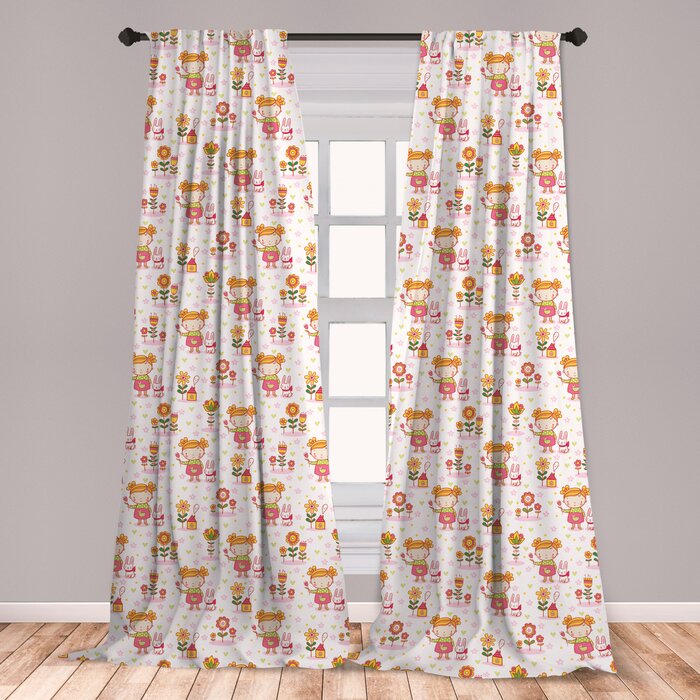 Ambesonne Baby Curtains Children Cartoon Drawing With House Bunny And Floral Elements Soft Colored Pattern Window Treatments 2 Panel Set For Living