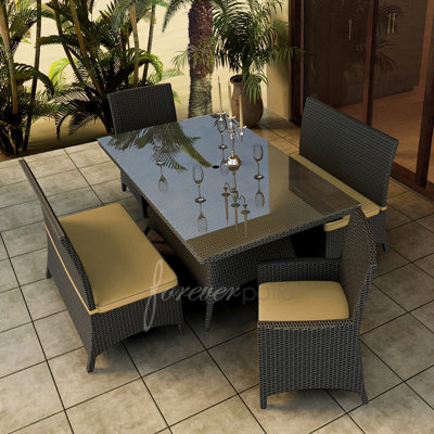 Hampton 5 Piece Dining Set with Sunbrella Cushions Forever Patio Fabric: Canvas Wheat / Spectrum Mushroom Welt