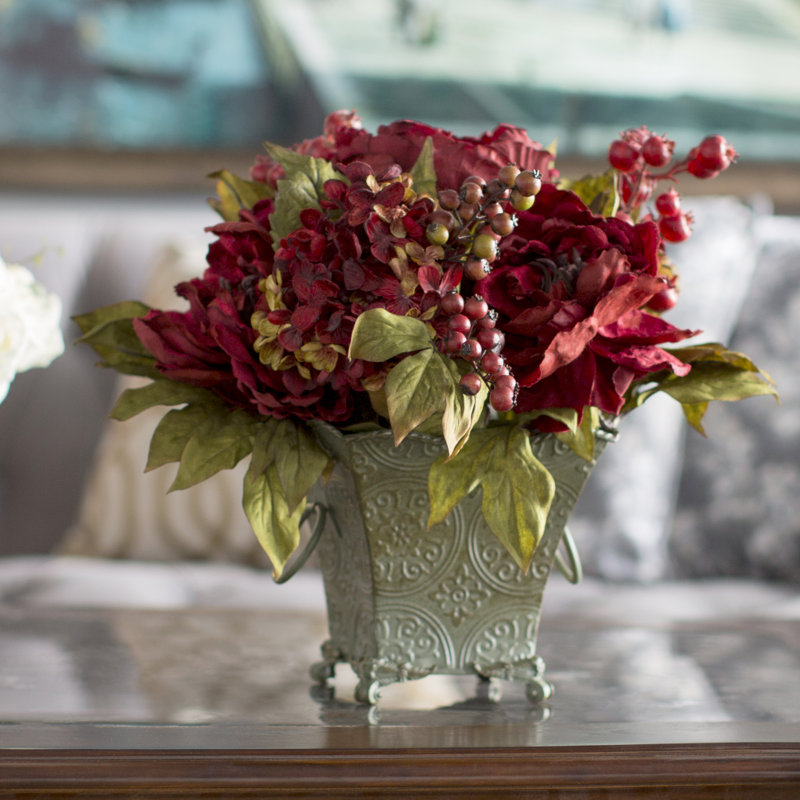 Peony and Hydrangea Silk Flower Arrangement in Rustic ...