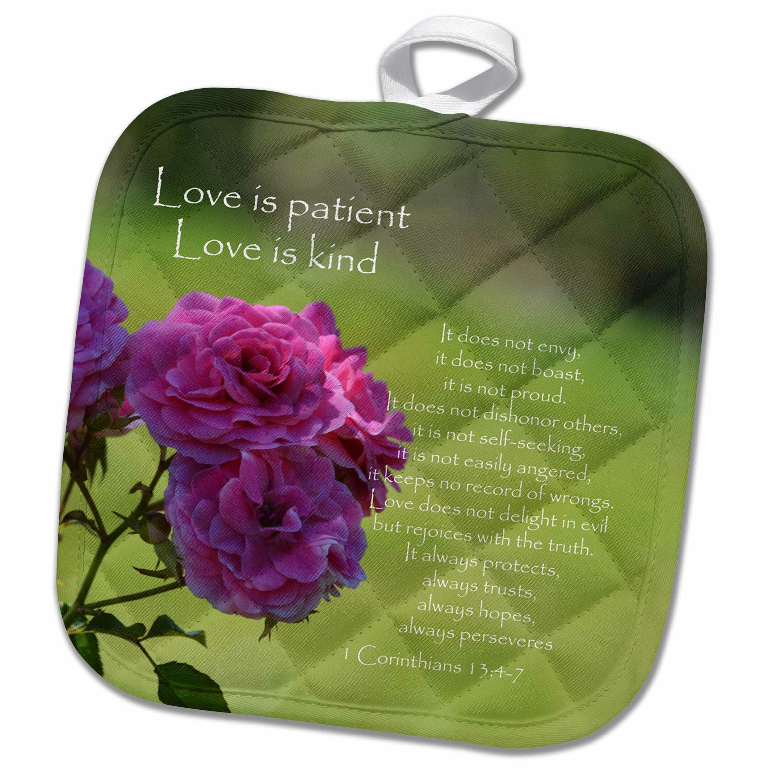 3D Rose Pretty Pink Roses Love is Patient Bible Verse Inspirational Pot Holder 8 x 8