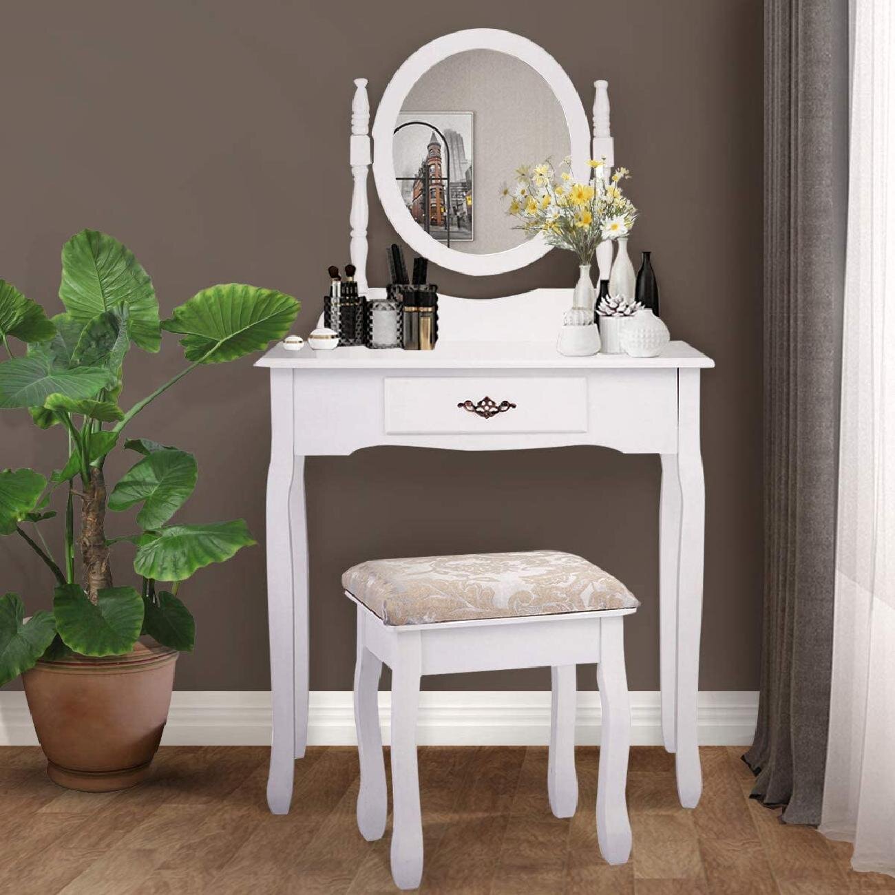 Rosdorf Park Vanity Table Set With Mirror And Cushioned Stool