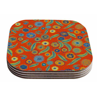 Set of 4 4 x 4 Multicolor KESS InHouse Alison CoxonPolka Dot Purple Yellow Coasters