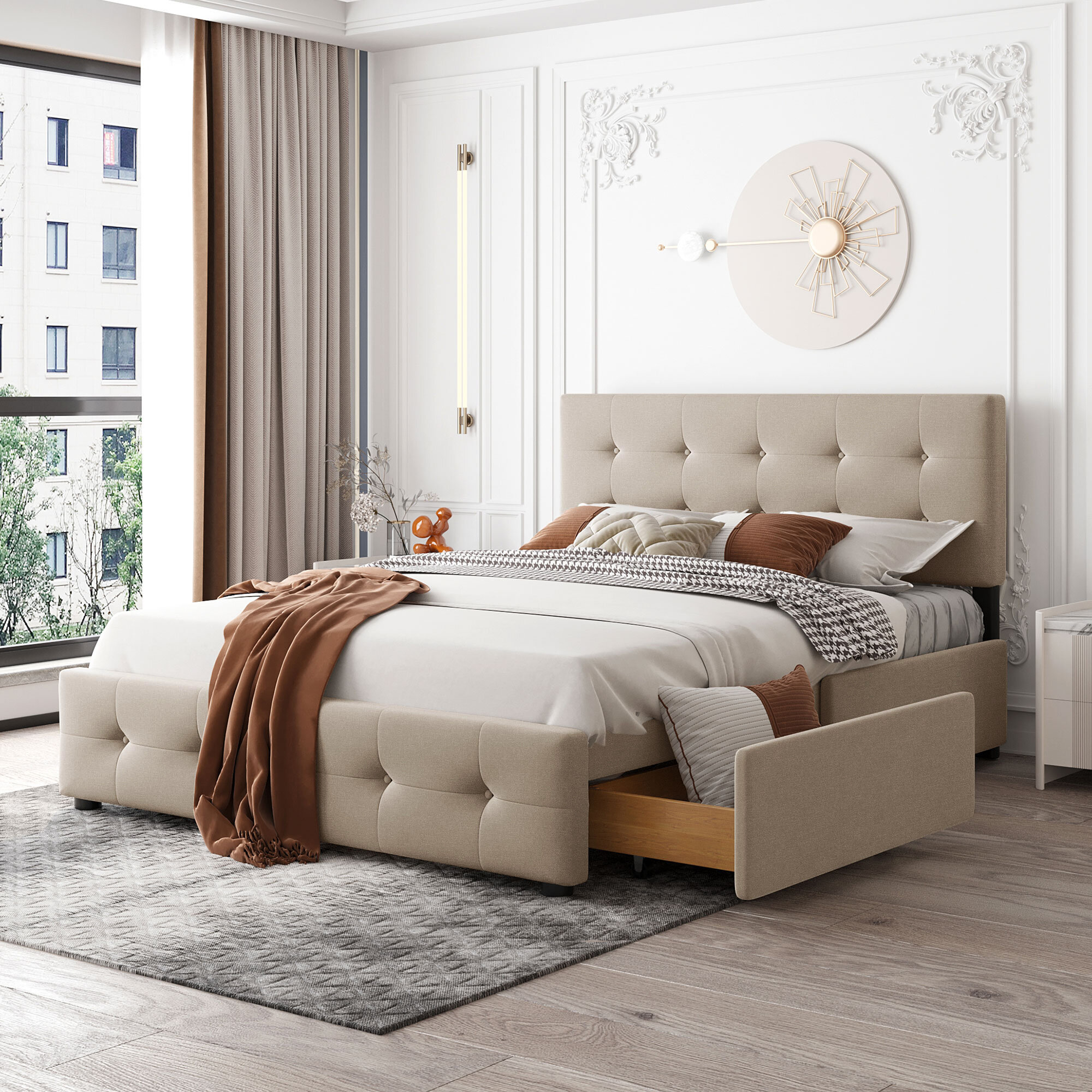 Queen Size Bed Frame Headboard Upholstered Platform Queen Bed Bedroom Furniture 
