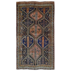 Alayna Hamadan Semi-Antique Hand-Woven Wool Navy Area Rug