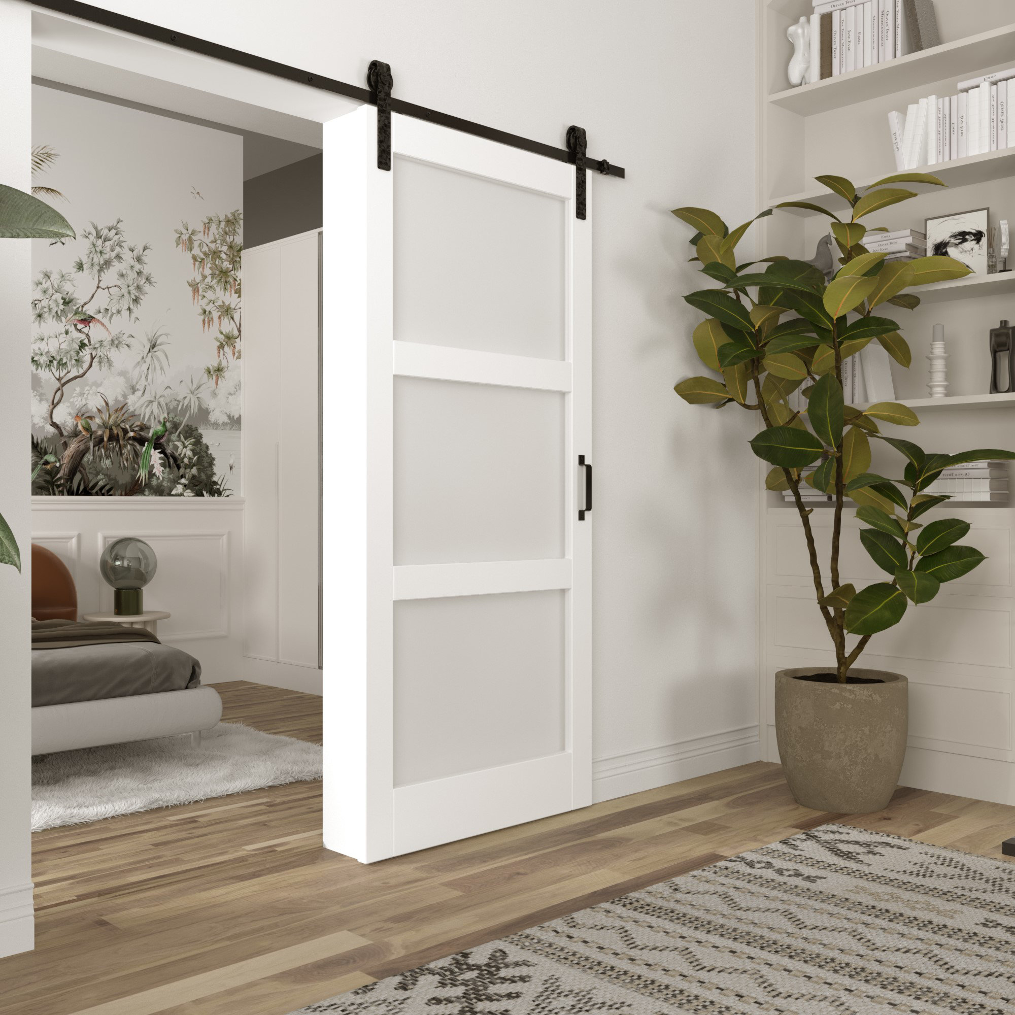 Win Stellar Paneled Wood and Frosted Glass Barn Door with Installation ...
