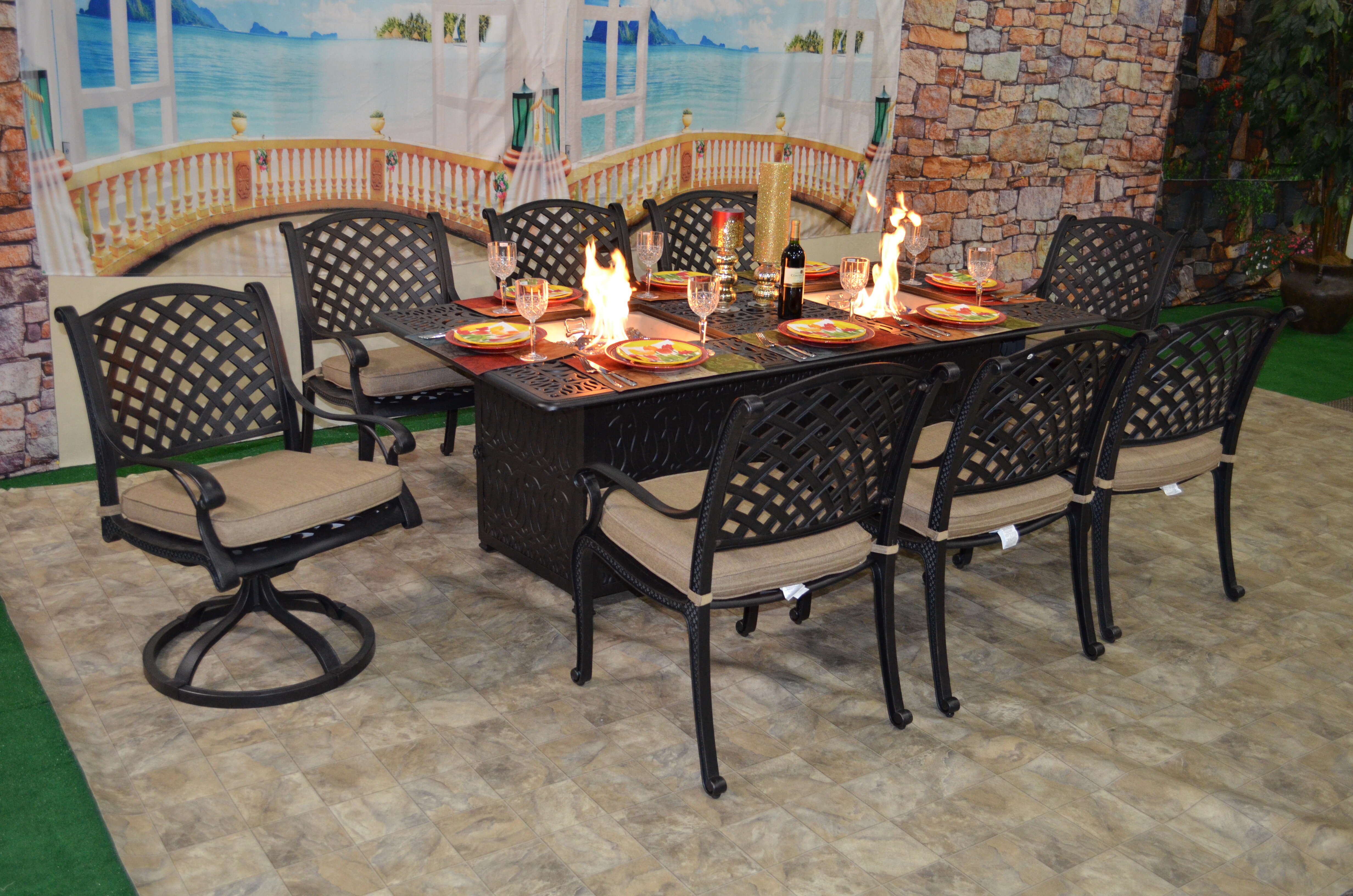 9 piece outdoor dining set with fire pit