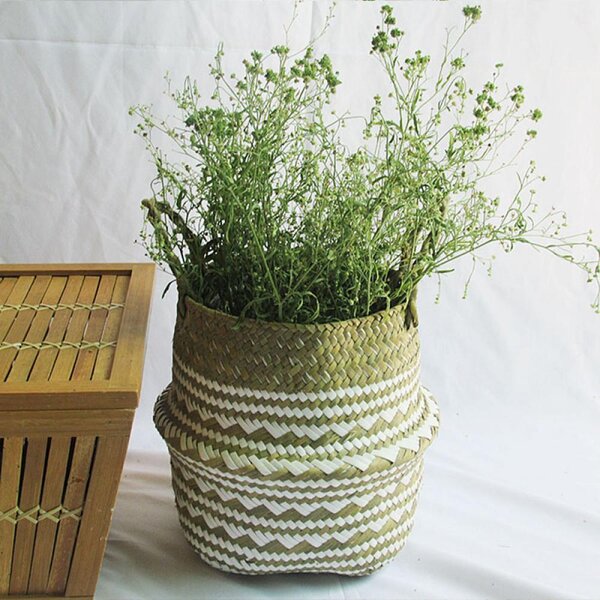 Foldable Seaweed Storage Woven Basket Handmade Plant Pot Home Tassel Flower Vase 
