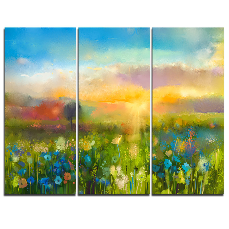 Designart Sunset Meadow Landscape 3 Piece Painting Print On