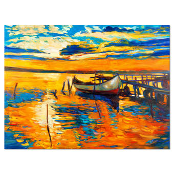 Breakwater Bay Boat And Jetty At Sunset Landscape Painting Print On Wrapped Canvas Wayfair