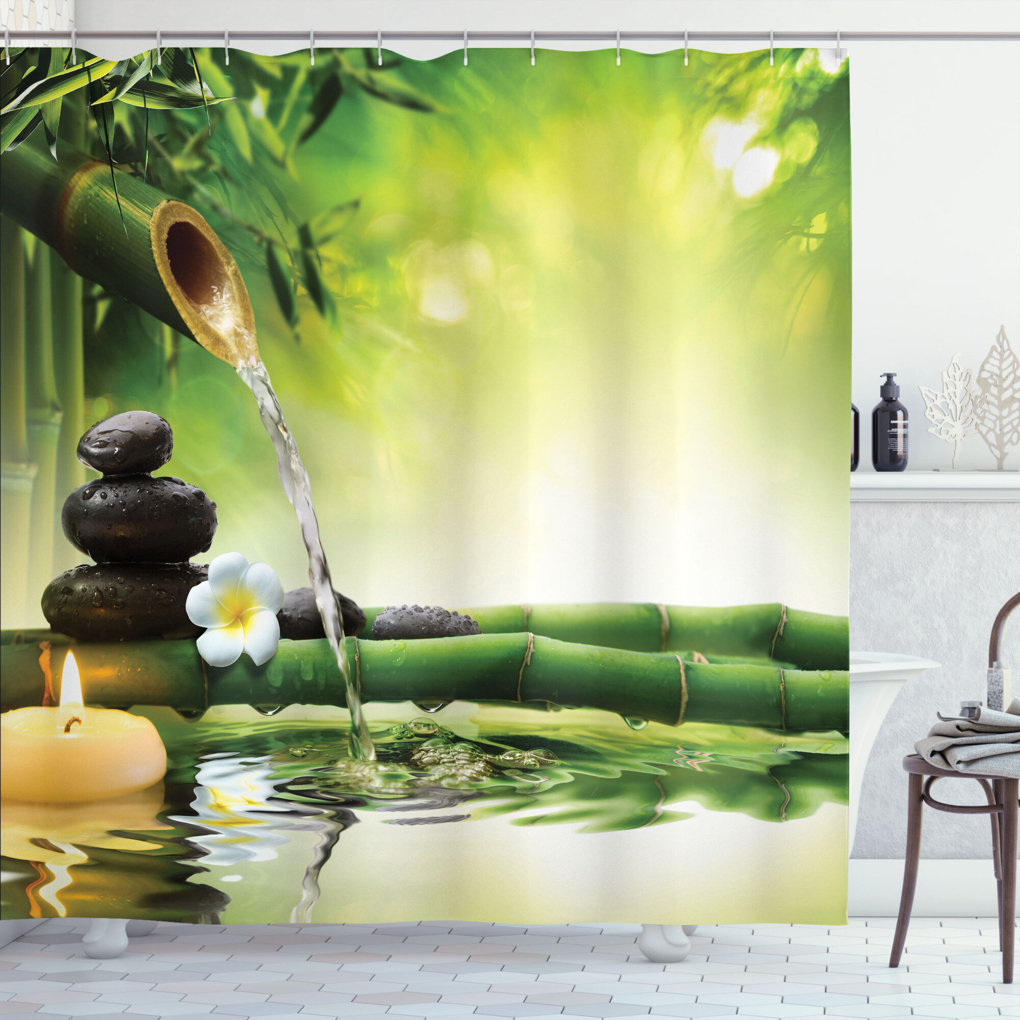 Bamboo & Waterfall Polyester Waterproof Curtains Bathroom Shower Curtains Set 