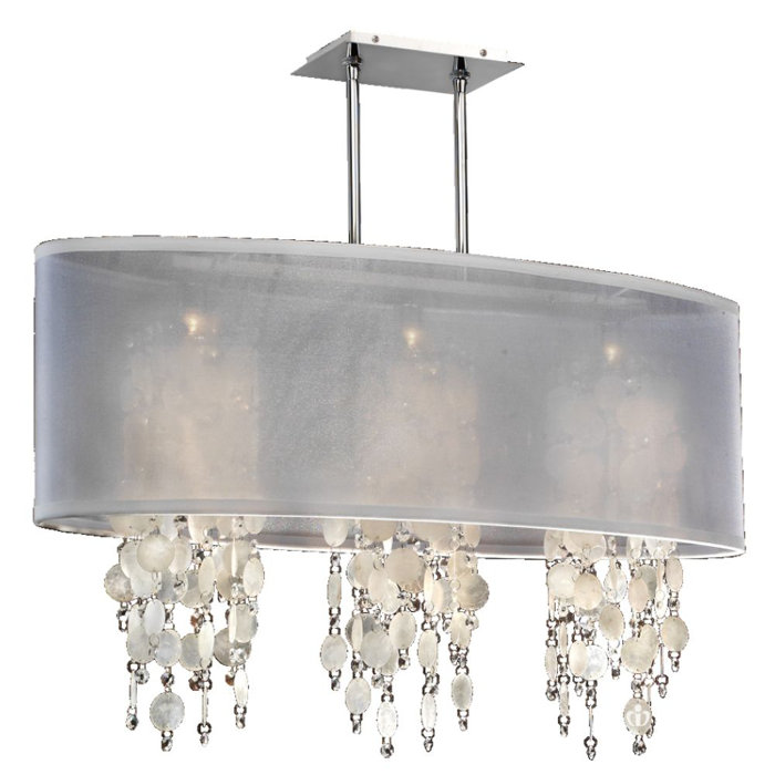 Kenlee Oval Shaded Capiz Shell And Crystal 3 Light Kitchen Island Pendant