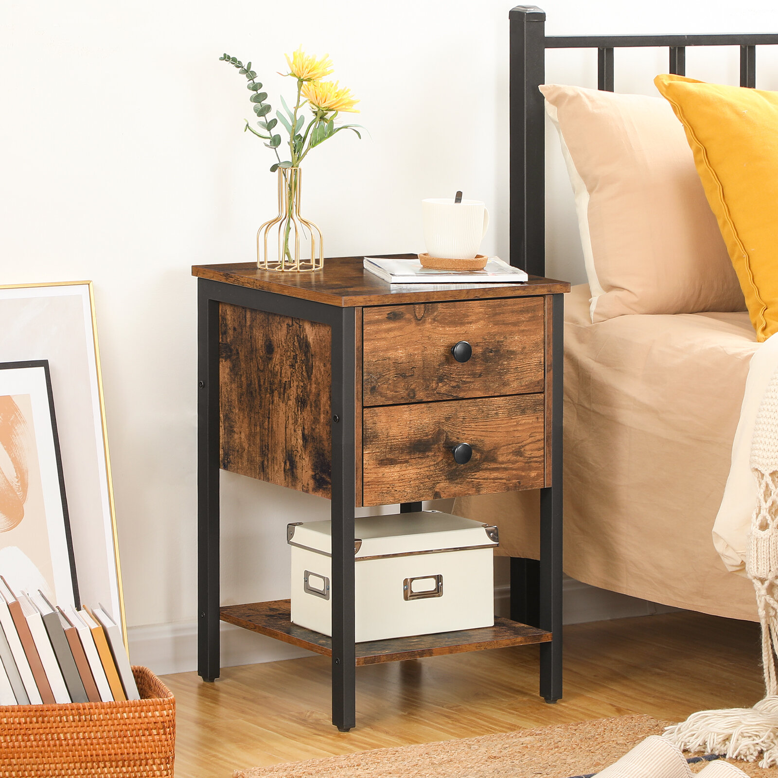 Bedside Table Night Stand Storage Cabinet with 2 Drawers for Living Room Bedroom 