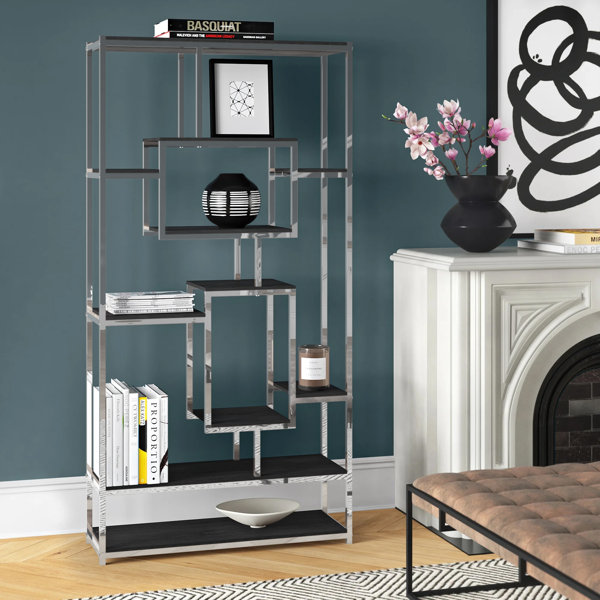 Asymmetrical Bookcase Wayfair Black finish stands out as shelves snake their way from the top of this rectangular bookcase to the bottom with alternating open ends. asymmetrical bookcase
