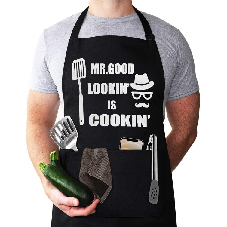 Funny BBQ Black Chef Aprons for Men Mr Goodlookin' is Cookin' Adjustable Kitchen Cooking Aprons with Pocket Waterproof Oil Proof Father’s Day/Birthday 
