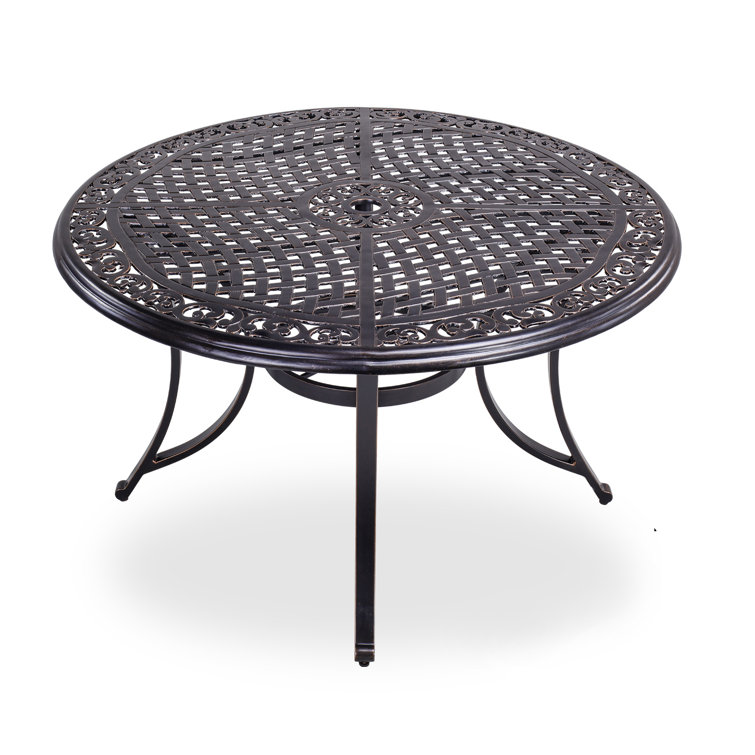 Fleur De Lis Living 48 Round Patio Dining Table With Umbrella Hole Aluminum Top Outdoor Furniture Wayfair