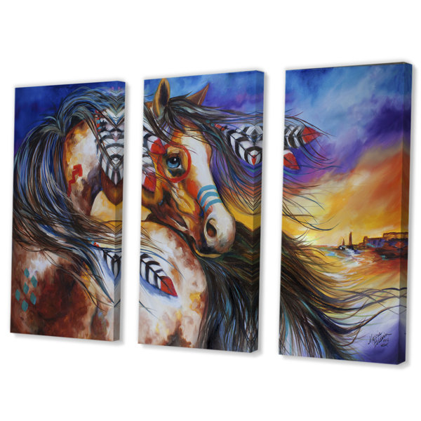 East Urban Home 5 Feathers Indian War Horse Painting Multi Piece Image On Canvas Wayfair