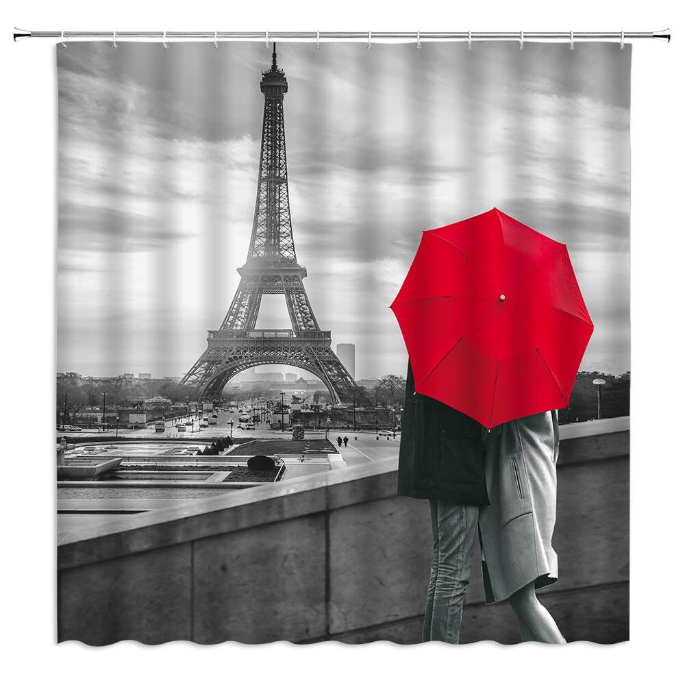 Romantic Paris Eiffel Tower Valentine Fabric Shower Curtain Set Bathroom Hooks 