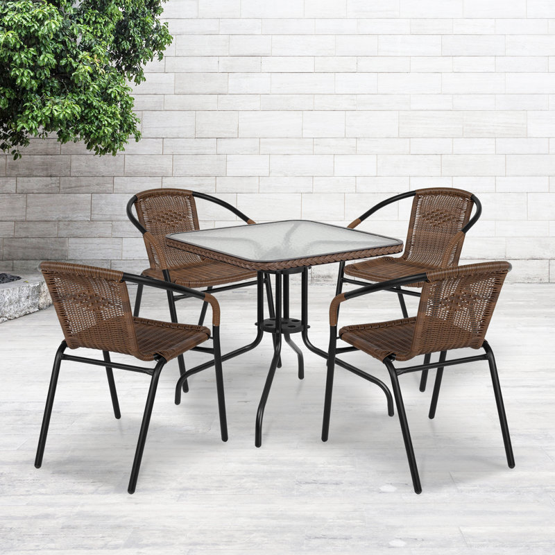 (( only chair 4 set ))Amlie 28'' Square Glass Metal Table with Rattan Edging and 4 Rattan Stack Chairs Color: Dark Brown