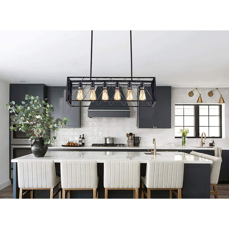 Industrial Kitchen Island Pendant Lighting, Rectangular Vintage Farmhouse Dining Room Ceiling Light Fixtures, 6 Light Rustic Chandeliers For American ...