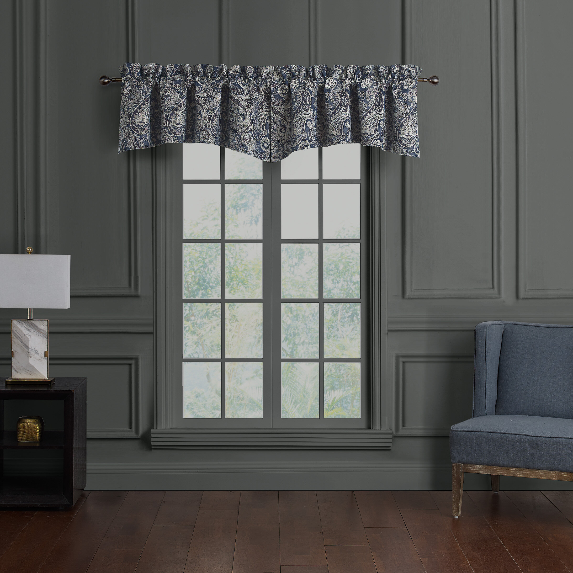 Waterford Bedding Danehill Paisley Scalloped 55 Window Valance In Gray Navy Blue Wayfair