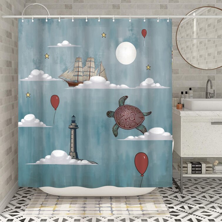 Sea Painting of Lighthouse Shower Curtain Set Bathroom Waterpoof Fabric & Hooks 