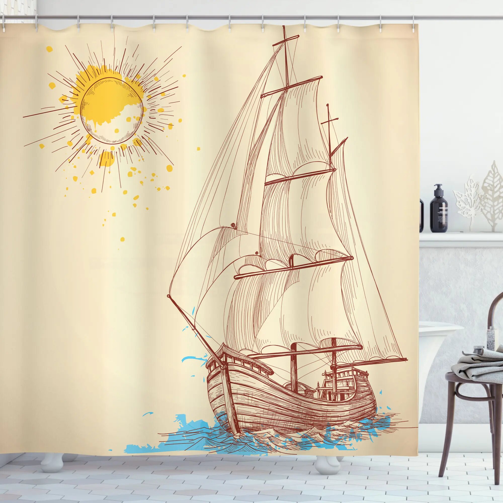 Sea Beach Boats Shower Curtain Liner & 12 Hooks Bathroom Set Polyester Fabric 