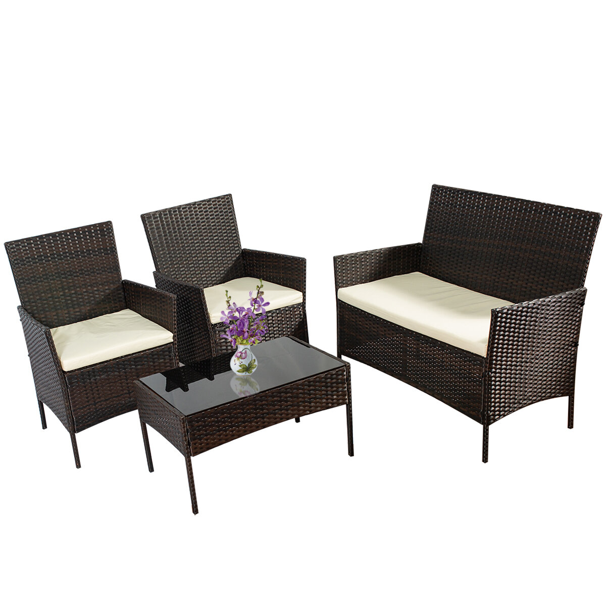 Red Barrel Studio 4 Pieces Outdoor Patio Furniture Set Wicker Rattan Loveseat And Chairs Sofa Set With Tempered Glass Table Cushioned Seats Conversation Sets Brown Wayfair Ca