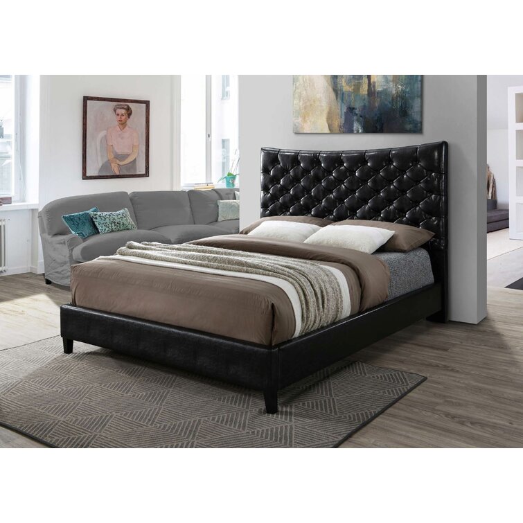 Queen Size Bed Brown Faux Leather Frame Upholstered w/ Headboard Bedroom 