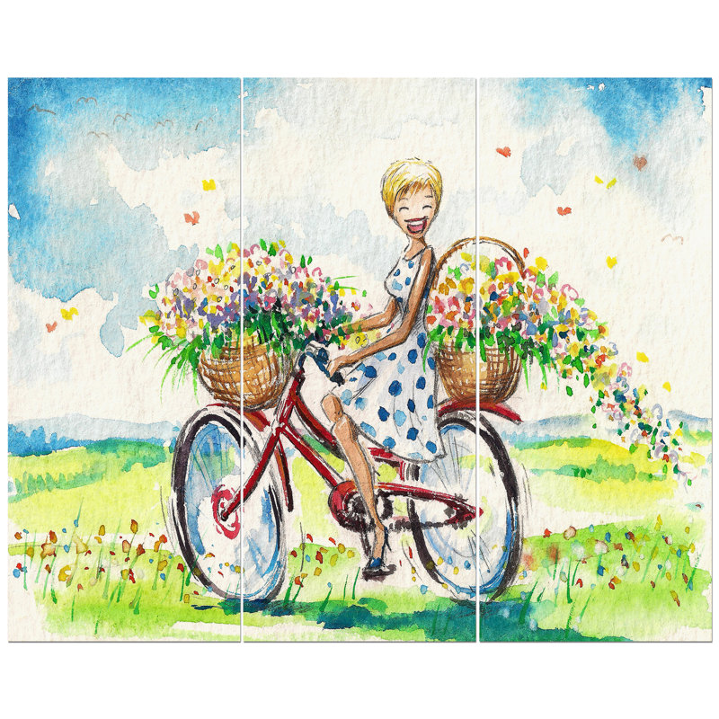 East Urban Home Woman On Bicycle Oil Painting Print Multi Piece
