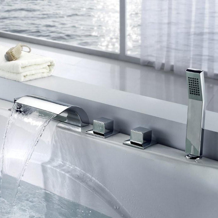Sumerain Triple Handle Deck Mount Waterfall Tub Faucet with ... Sumerain Triple Handle Deck Mount Waterfall Tub Faucet with ...