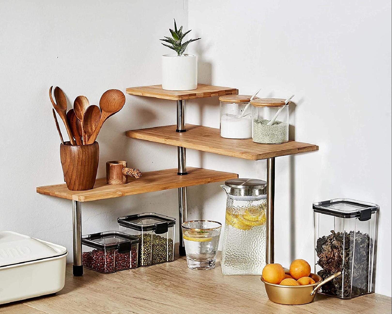 3-Tier Wood-Plastic Corner Shelf Storage Shelves Organizer Display Rack Kitchen