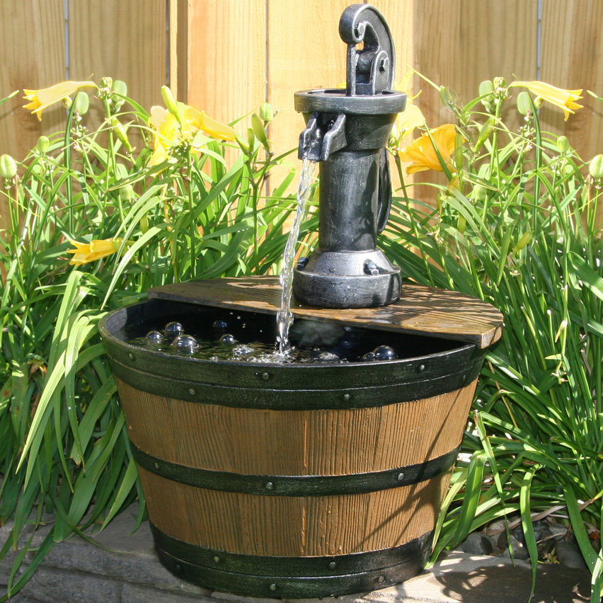 Beckett Fibergl Resin Water Pump With Lighted Barrel Fountain Beckett Fibergl Resin Water Pump With Lighted Barrel Fountain Reviews Wayfair