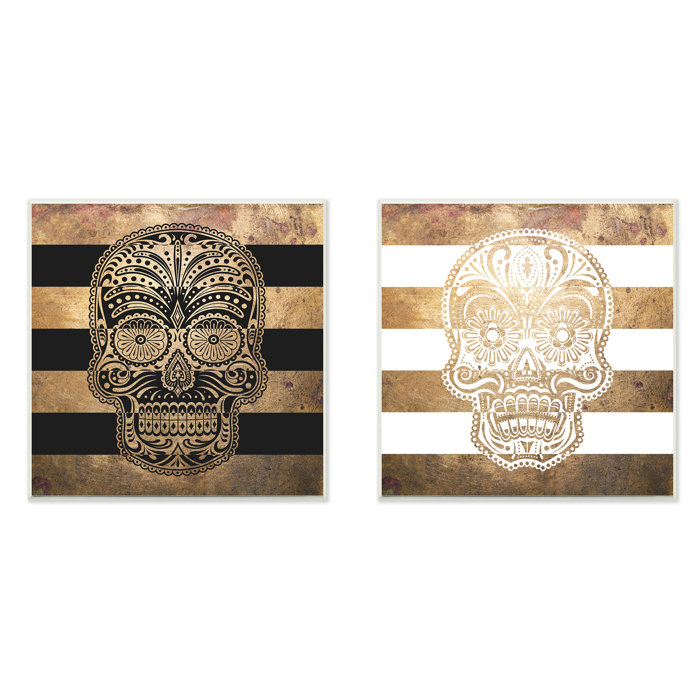 Sugar Skulls Boho Golds 2 Piece Graphic Art Wall Plaque Set