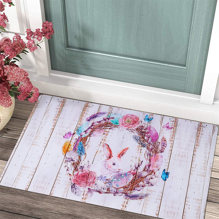 Spring Watercolor Flowers with Easter Bunnies Area Rugs Living Room Floor Mat 