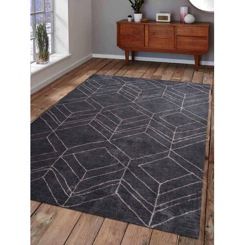 Union Rustic Aldana Geometric Hand-Knotted Black Area Rug ...