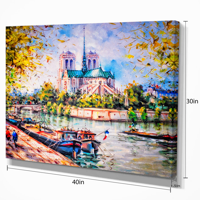 Designart Notre Dame Paris Landscape Painting Print On Wrapped