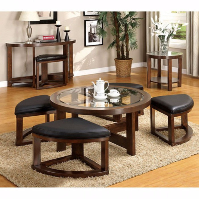 Wellkamp Wooden Coffee Table With 4 Ottomans Wellkamp Wooden Coffee Table With 4 Ottomans