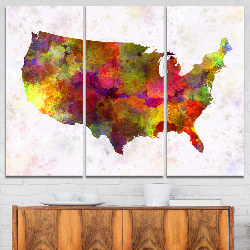 Designart United States Map In Colors 3 Piece Graphic Art On