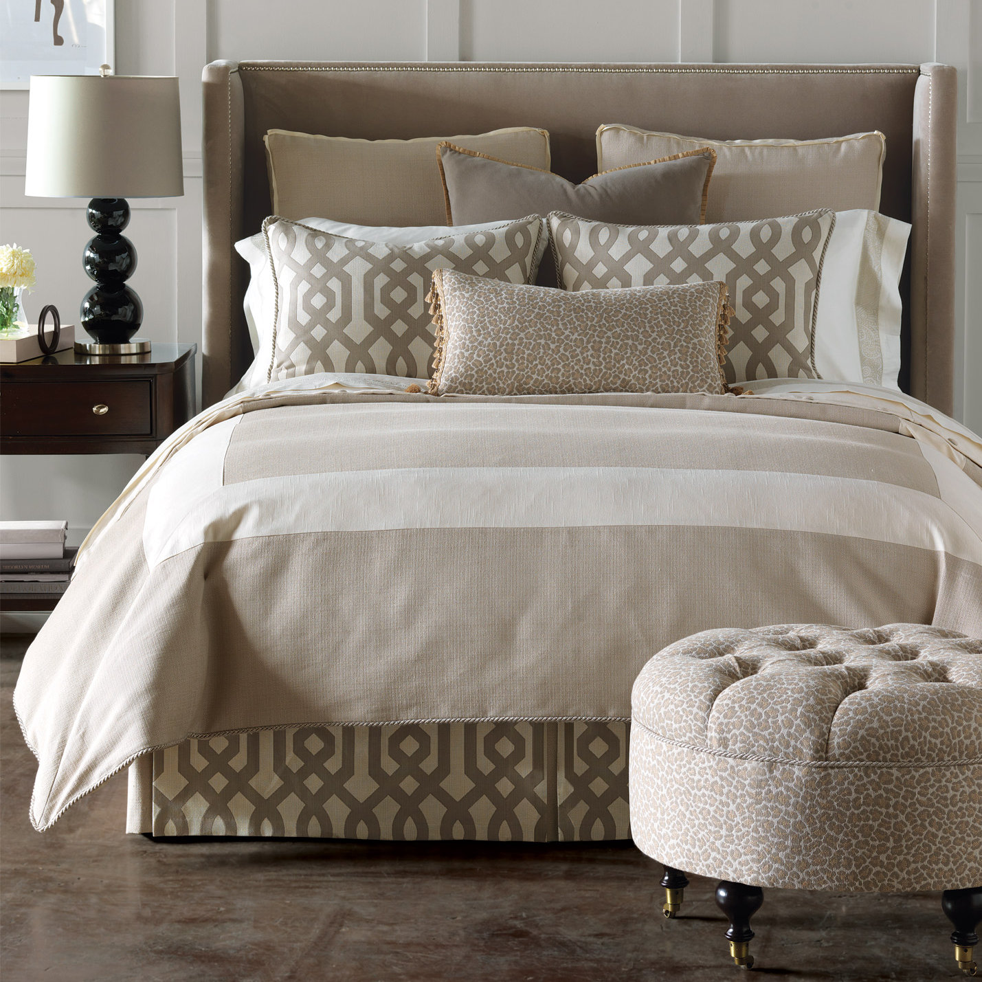 tan and white bedspread