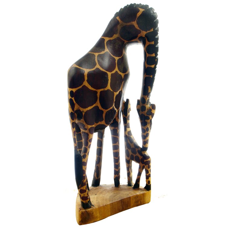 Faux Carved Mother and Baby Giraffe Head Wood Look Statue 