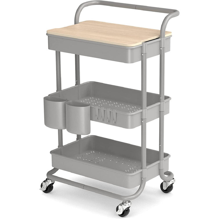 3 Tier Rolling Cart, With Table Top, Rolling Storage Cart With Handles And Locking Wheels, Utility Cart With 2 Small Baskets And 4 Hooks For Bathroom. ...