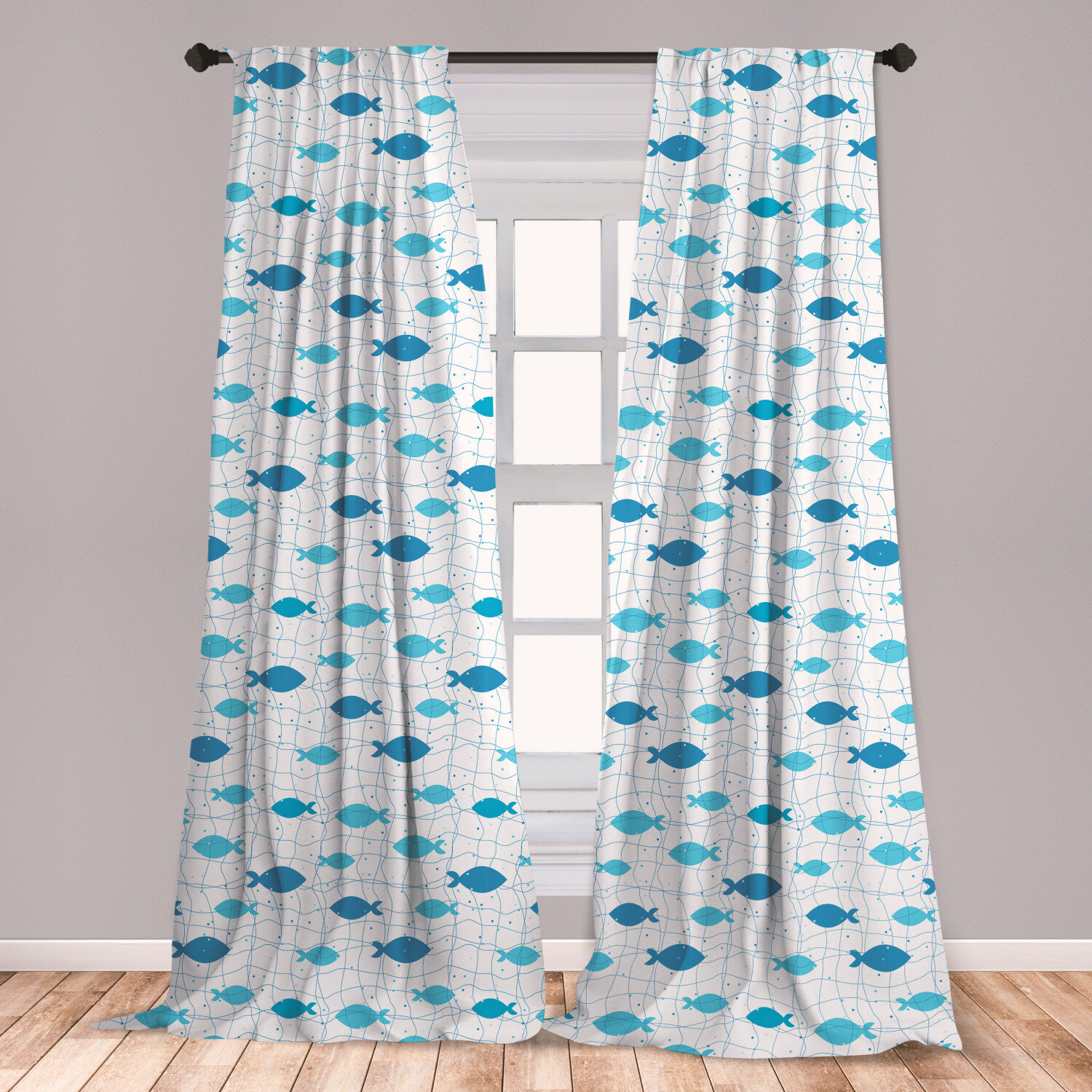 Blue sc_20583_extralong 84 Inches Extra Long Artisan Fish Patterns with Wave Lines and Sky Cloud Motifs Marine Life Image Fabric Bathroom Decor Set with Hooks Ocean Animal Decor Shower Curtain by Ambesonne 