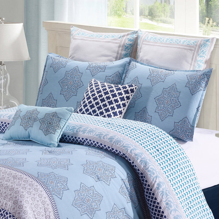 Bungalow Rose Lilou 7pc Comforter Set Blue Grey And White Block
